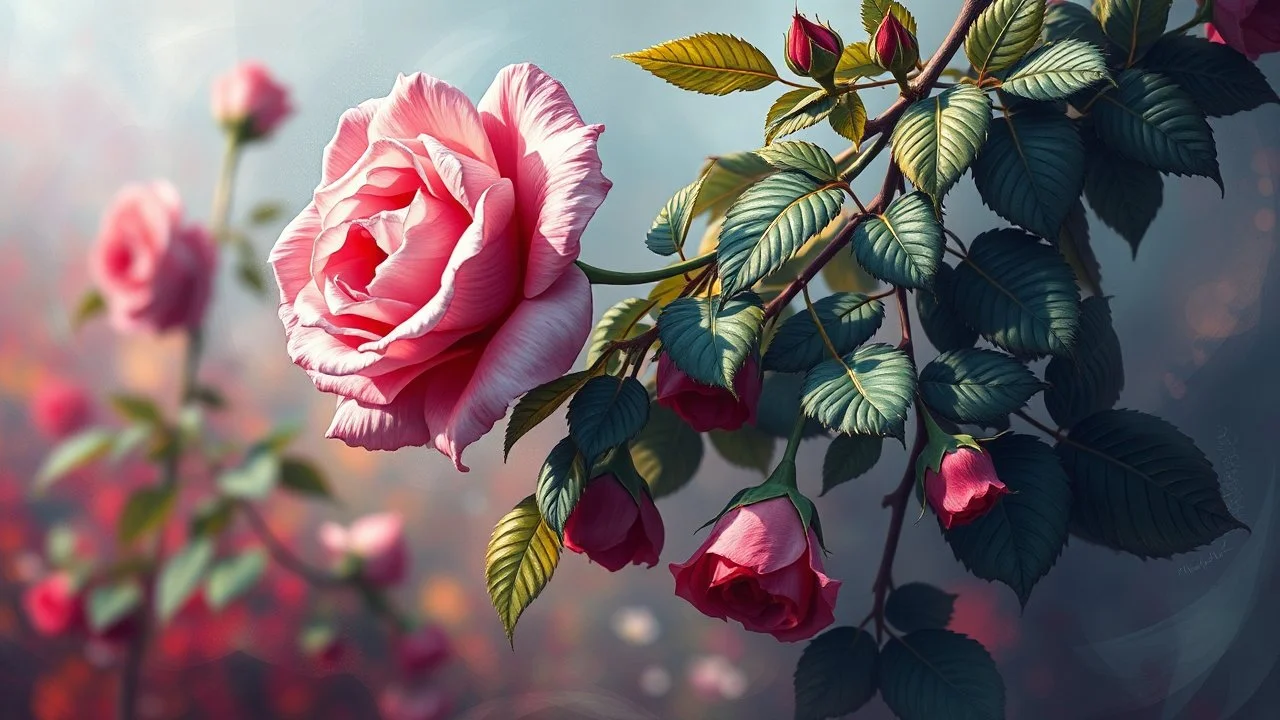 Climbing rose, background. Majestic, Gorgeous, epic, beautiful. Realistic. Digital oil painting art, vibrant colors, high quality, digital painting in 24 colors, vivid colors. Masterpiece, perfect composition. Clear image. Centered image. Ultra HD. 64K. Art by Willem Haenraets.