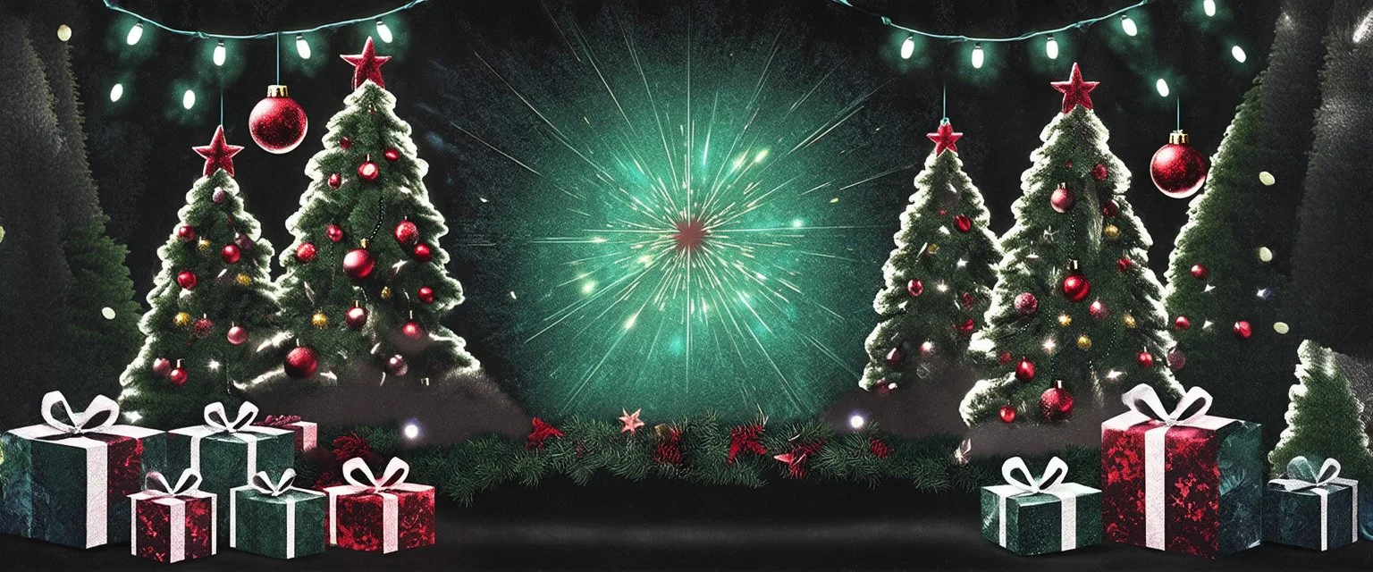 A christmas banner, symetrical, christmas trees with ornaments, light in the center, presents in front of the trees, lights on the top of the image. Realistic but artsy, drawing, dark and moody. Dark geen tones, red highlights.