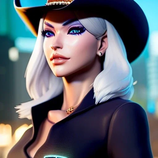 Ultra detailed fullbody Portrait in oil on canvas of overwatch character- ASHE with white hair and cowboy hat,extremely detailed digital painting,intense stare, extremely detailed face, crystal clear eyes, mystical colors ,perfectly centered image, perfect composition, rim light, beautiful lighting,masterpiece ,8k, stunning scene, raytracing, anatomically correct, in the style of Steve Jung and robert e howard and Wizyakuza and Ohrai Noriyoshi and Simon Bisley and uncannyknack and kilory.