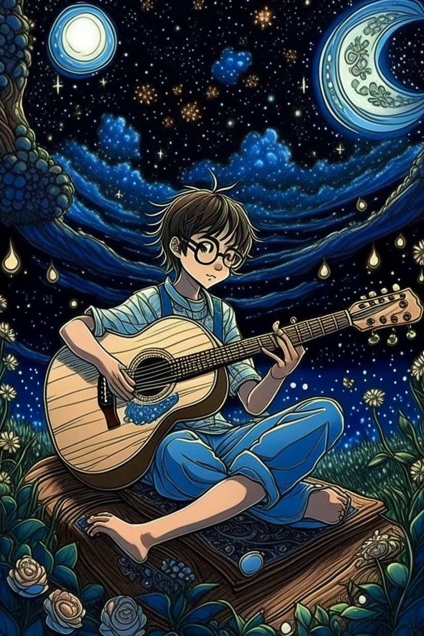 Under a starry night sky, the girl with glasses strums his guitar, his music echoing in the peaceful ambience of the Ghibli style anime night, intricately hand-drawn for a magical effect.