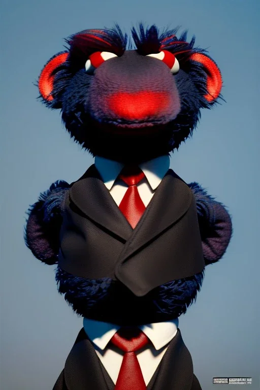 Waist up muppet Portrait, Kim Jong-un muppet doll, black suit, photo studio, red background, unreal engine 5, concept art, art station, ray tracing, lumen lighting, ultra detail, volumetric lighting, 3d.