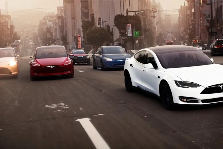 A Tesla 'Model Y' is racing at top speed, on the streets of San Francisco. (CINEMATIC, WIDE ANGLE LENS, PHOTO REAL)