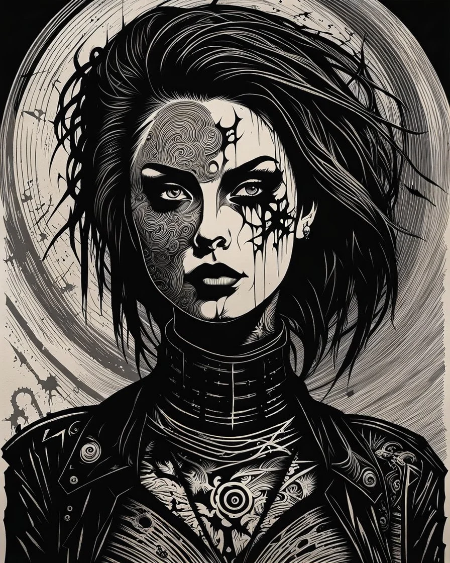 create an abstract, deeply powerful tragic and evocative, full body woodcut of a raw and weathered goth punk female with highly detailed and deeply engraved facial features, lost in a horrific post apocalyptic world, in the style of modern contemporary woodcut, searing lines and forceful strokes