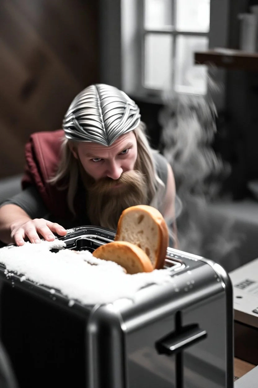 thor sees the toaster spit out some bread