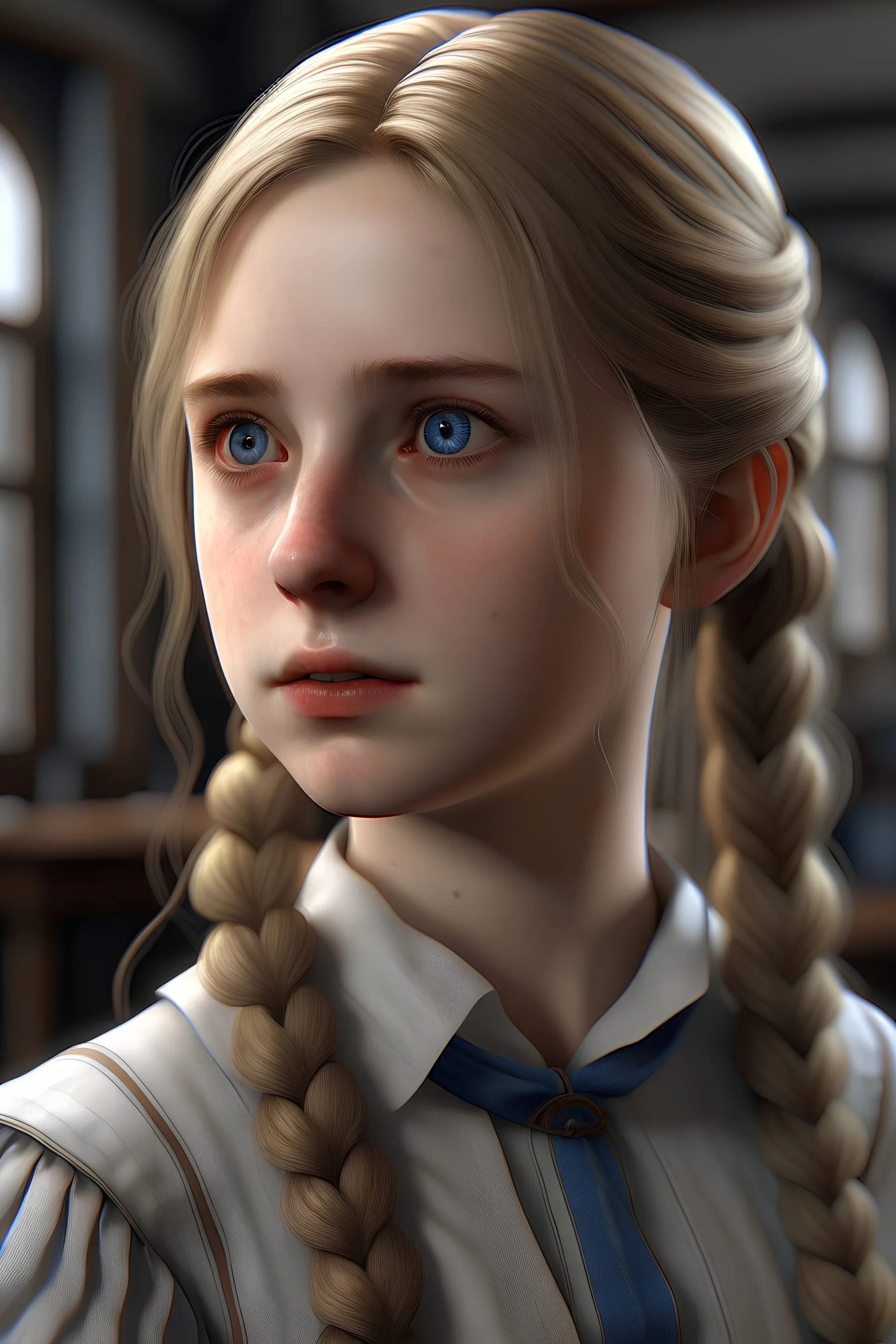 (one girl, 18 years old), blonde hair, two ponytails, big blue eyes, long thick eyelashes, (muskular body:1.3), high detail, realistic, detailed skin, realistic detailed eyes, detailed face, -length, unreal engine, 4k photorealistic, portrait, digital art, (dressed in a 19th century school uniform:1.8), russian girl, sitting, computer table, (computer:1.3)