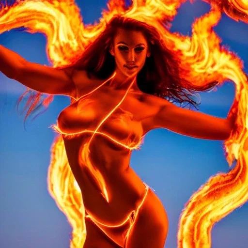 woman made of fire, fire angel, fire clothes, full body portrait, long flowing hair, only wearing bikini made of fire, highly detailed, real life photo, photo quality, extremely detailed, high quality, standing in fire, highly detailed