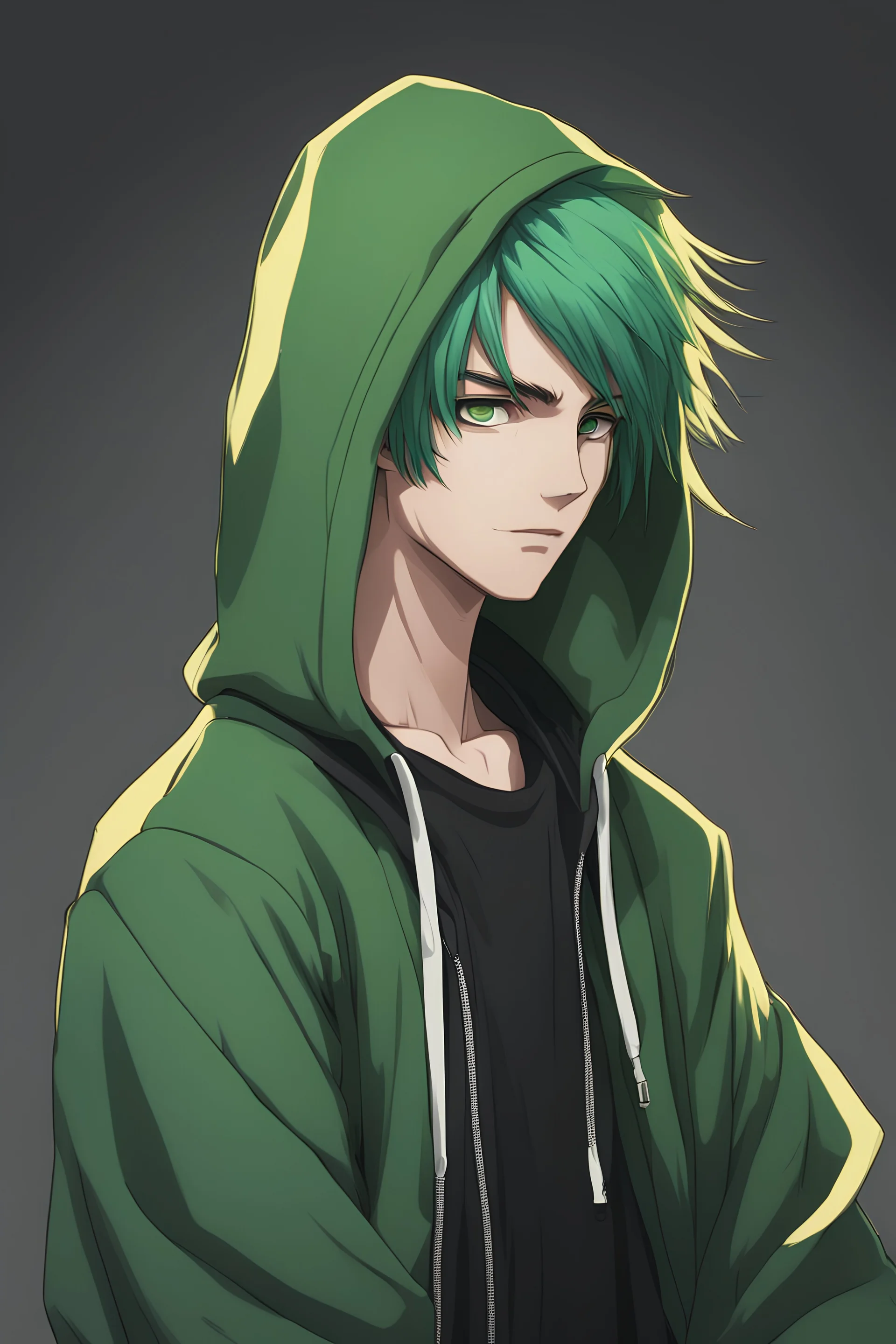 Anime young man with green hair wearing a black hoodie realistic