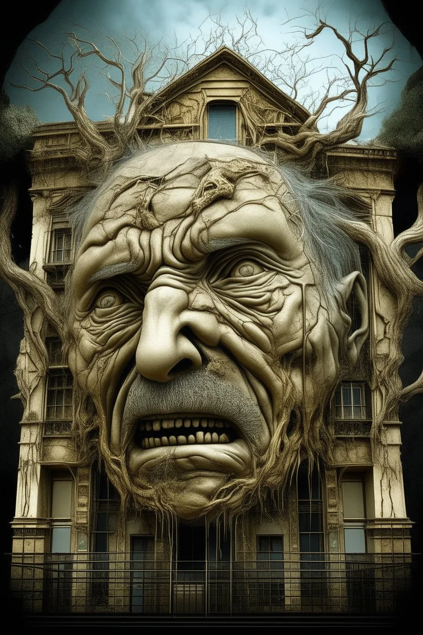 surrealis monochrome A fragmented, surreal sculpture liguid color of photorealistic image 3d,psychedelic art of an old man face glossy emerging from dreamlike a crumbling building. The face appears pale with deep cracks and intricate details, evoking a haunting expression. Blackened tree branches intertwine with the gold mengkilat cracks, set against a backdrop of stormy, cloud-filled skies. bauhaus art The overall tone is dark and moody, suggesting themes of decay and transformation. Include