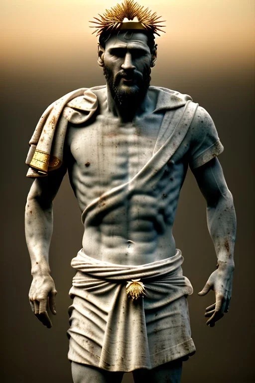 Ultra Realistic image, Roman sculpture, white marble material, Lionel Messi, gold crown of natural thorns, god crown, Renaissance style, sun rays background, waist up portrait, epic, celestial, cinematic lighting, God lights, 4k resolution, smooth details, soft lighting, unreal engine 5, art station, substance 3d.