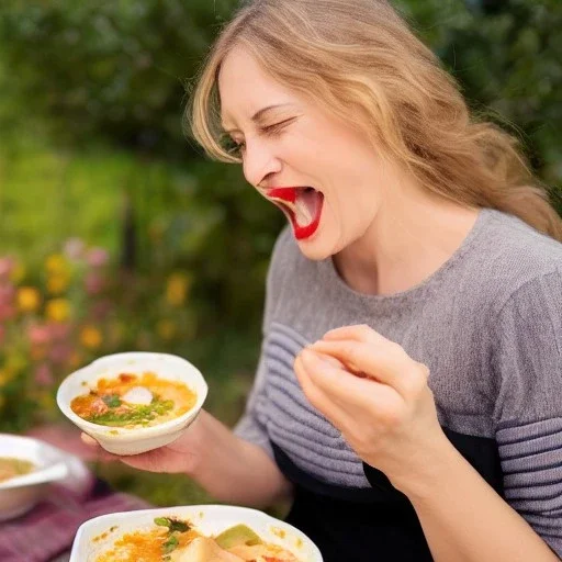 A beautiful photo of a woman eating Mediterranean soup, with bread. The soup is in a bowl and the woman is looking at it with pleasure.