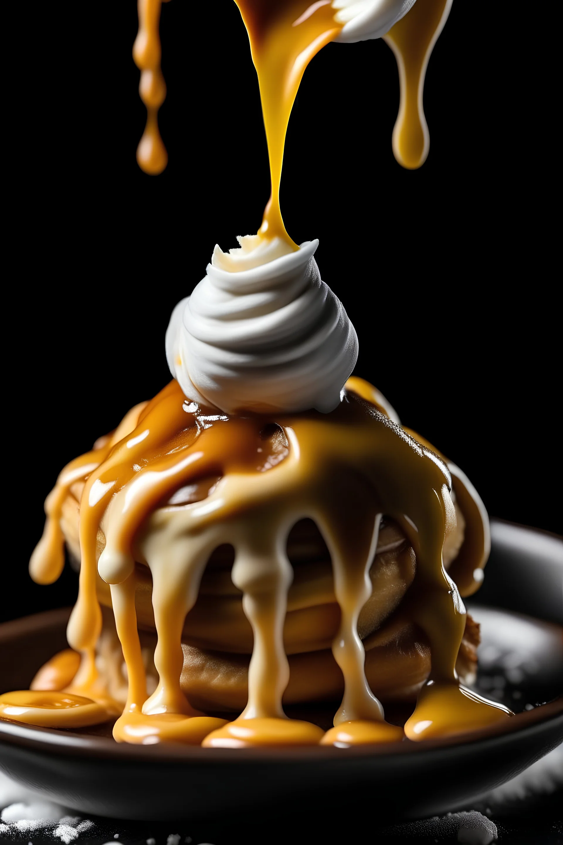 banana dripping in whipped cream and caramel sauce