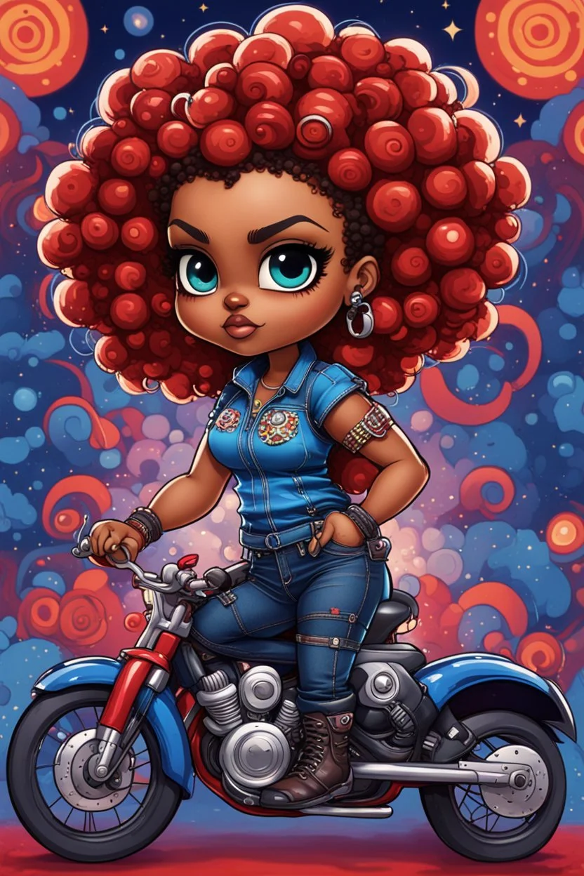 create a psychedelic style art illustration of the chibi cartoon character, a voluptuous black female in a blue jean outfit with biker boots. Her prominent makeup and hazel eyes, along with her detailed red bantu knots, are featured in this image, set against the background of a lively bike show.