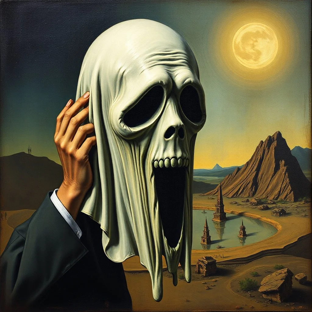 Satire of Dali's 'The Persistence of Memory' painting but with melting ghostface mask, satire, surreal,