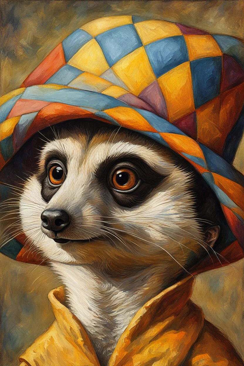 Imagine an anthropomorphic meerkat with a harlequin hat ,by Judith Leyster. in the style of August Macke, John Blanche. Modifiers: oil on canvas vibrant imperial colors hyperrealistic ultra detailed crisp quality whimsical muted colors Decadent 64K, UHD, HDR, HQ anthropomorphic face dark, gloomy, mysterious ©Miwi metallic bronze accents