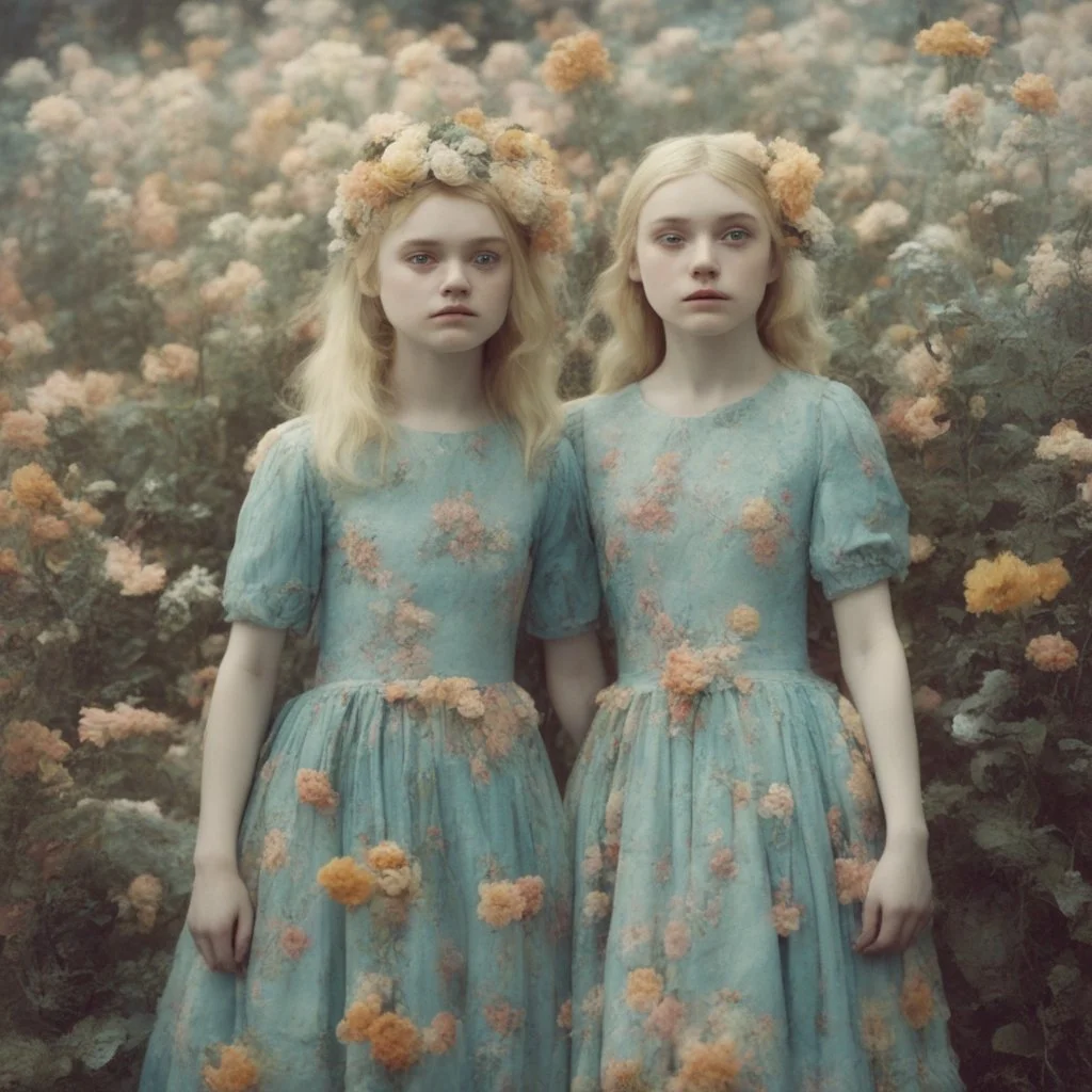 Elle fanning and dakota fanning as flowers, turquoise,, autochrome