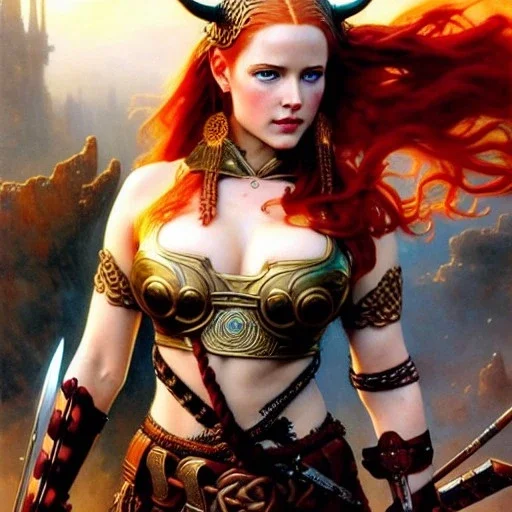 portrait 'beautiful Sexy busty Redhead Sif',Braids,horned helmet, celtic tattoed,painting by gaston bussiere, greg rutkowski, yoji shinkawa, yoshitaka amano, tsutomu nihei, donato giancola, tim hildebrandt, oil on canvas, cinematic composition, extreme detail,fit full head inside picture,32k