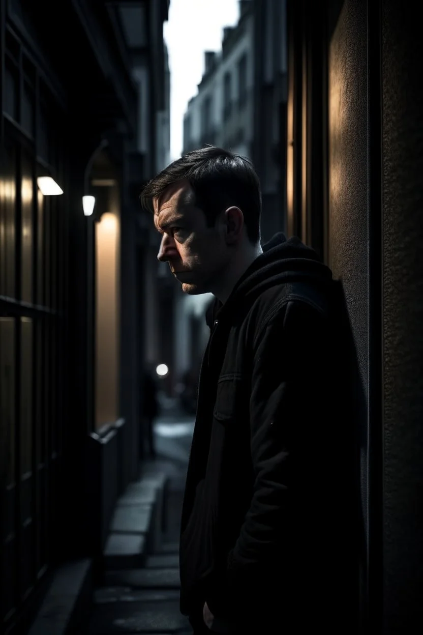 man in dark clothing, hiding around a corner., looking out on a brightly lit street