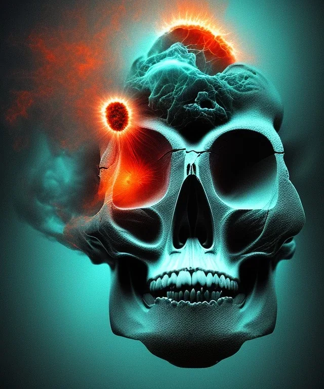 broken skull. black background. smoke and explode. particles in air. teal and orange. abstract. beksinski.