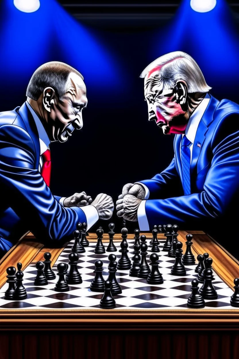 Vladimir Poutine playing chess against Joe Biden in hell, with The devil as referee