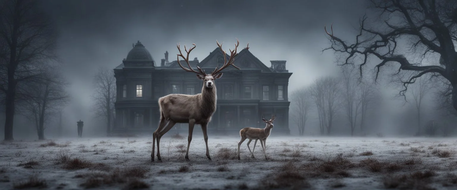 Hyper Realistic zombie reindeer on the field behind a huge dark mansion with dry old tree at a foggy snowfall night