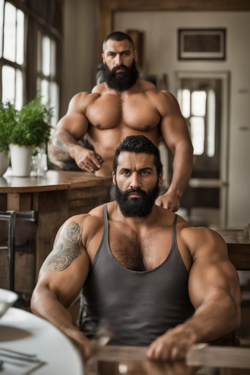 full figure shot photography of a burly ugly 30 year old italian boxer with big broken nose, very long muslim black beard, muscular beefy man shirtless, manly chest, big shoulders, shaved hair, bulge, in a modern dinner room, photorealistic