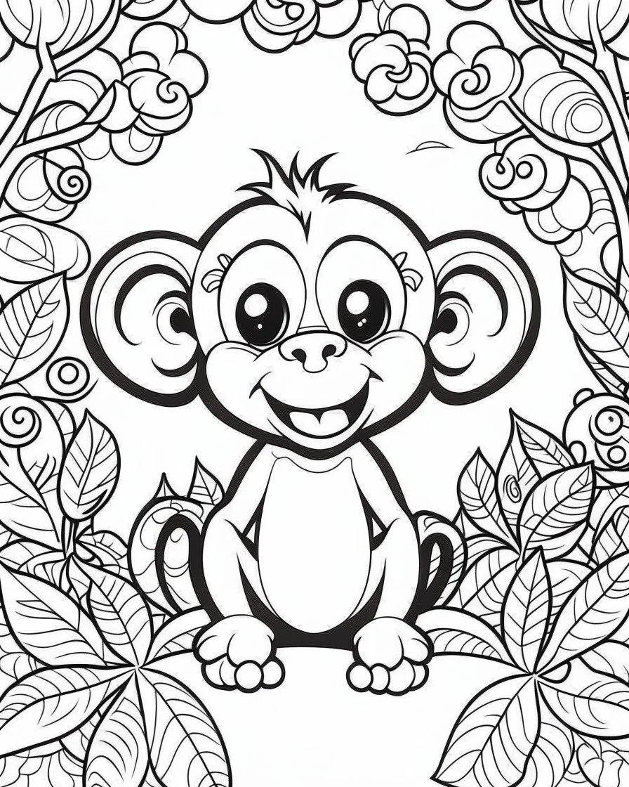 create a 2d black outline, "safari smiling cartoon baby monkey coloring book for toddlers", coloring page, low details design, black contour, coloring page design, simple background, colorful , card style, coloring page for kids, white background, sketch style, safari landscape, cartoon style