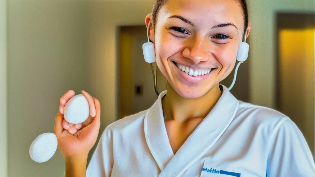 hotel housekeeping smiling holding small white earbuds