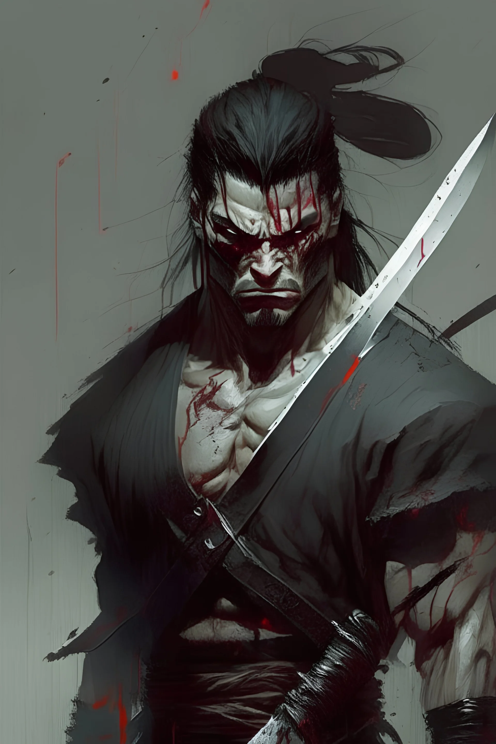 Draw me a fighter who is very miserable and angry, and I want him to carry a sword and angry, and blood comes out of his eyes. I want him to be a realistic figure and wear black clothes.