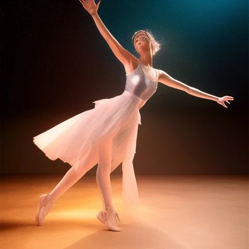 one hit, disco ,fog ,portrait of happy yoga dancer on the dancefloor, spotlights, mirror ball, light rays from ball