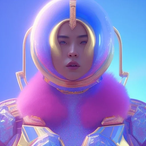 A portrait of a crystalised blue pink extraterrestrial, gold, diamonds, sunny background, atmospheric, realistic, unreal engine, 8k. Cinematic lighting, octane render.