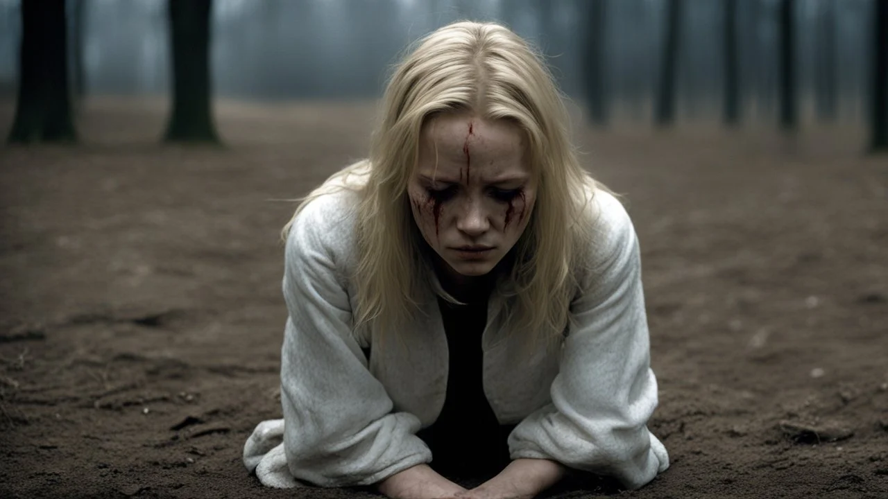 [The Fall (2006)] young blonde woman knelt on the cold, damp ground, her tear-streaked face a portrait of fear and despair. Bruises marred her delicate skin, evidence of the ordeal she had endured. Her hands were held behind her head in a gesture of submission, a silent plea for mercy in the presence of the towering figure before her. The horned figure loomed over her, a menacing presence cloaked in shadows and mystery. Its cranial facial structure gave it an otherworldly appearance, a be