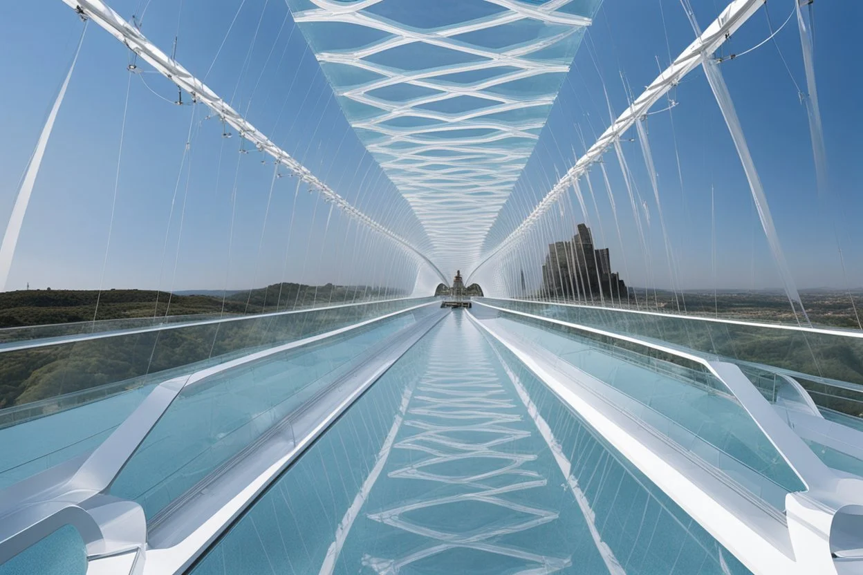 a futuristic glass bridge made of glass by architect "Calatrava"