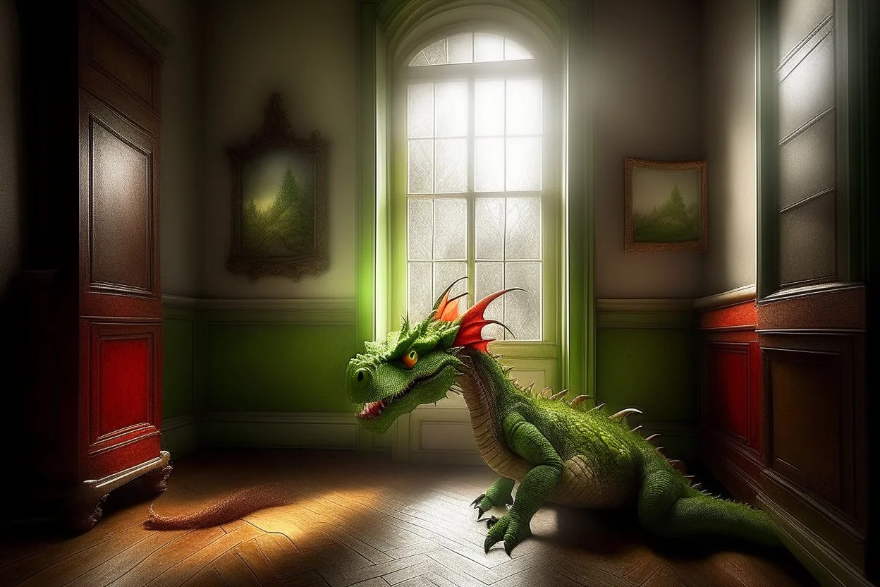 A real good dragon knocks on the wndow of a child's room, realism photographic,