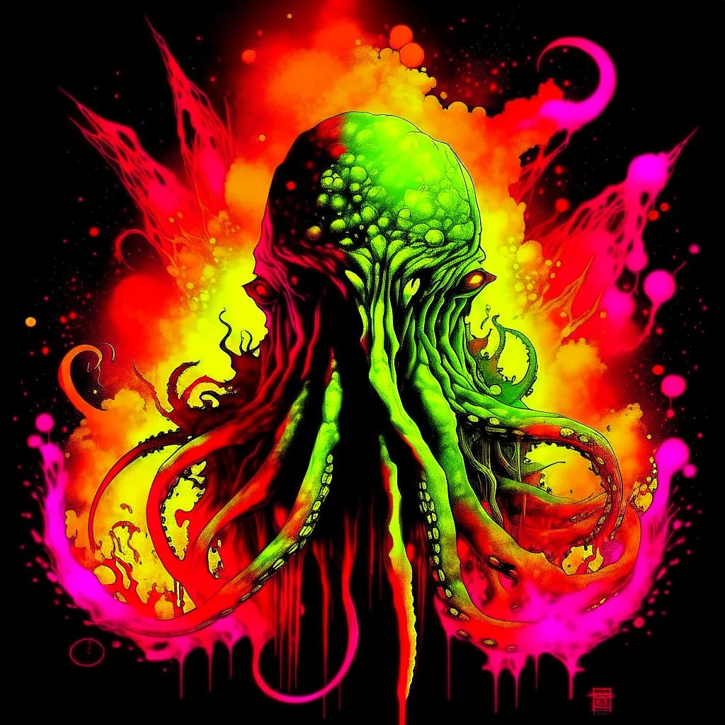 Exponential Cthulhu paradigm shift, surreal, by Ted McKeever and Jim Dine, acid wash mind-bending illustration; asymmetric, warm neon colors, shine burn, atmosphere guided by N(t)=N0​⋅e−kt