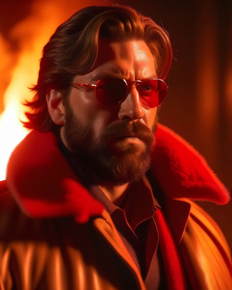 a young man with big muscles who looks like hans gruber wearing a heavy coat and red sunglasses staring with an irritated look on his face standing in front of a large fire