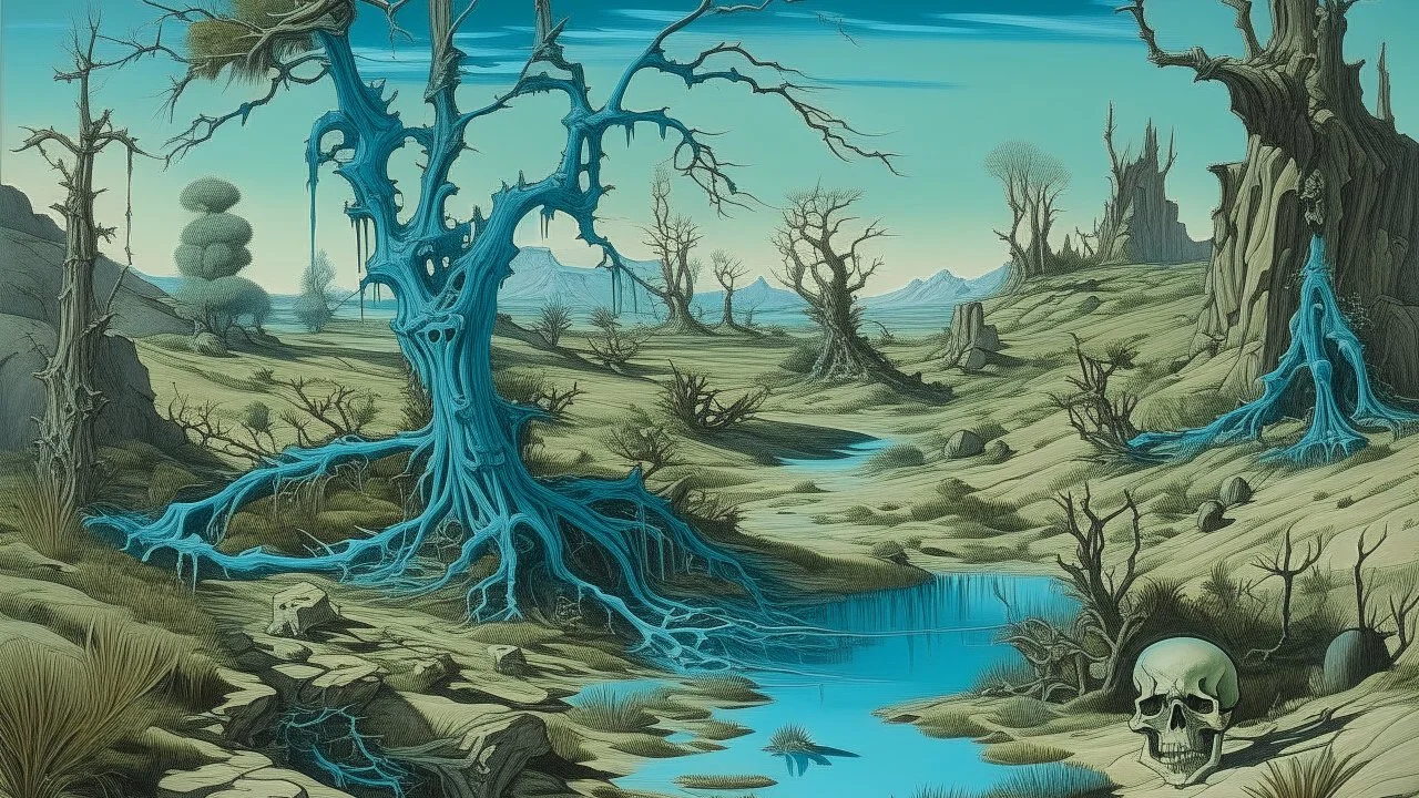A greenish blue arid desert with skeletal trees and a tar pit painted by Albrecht Durer