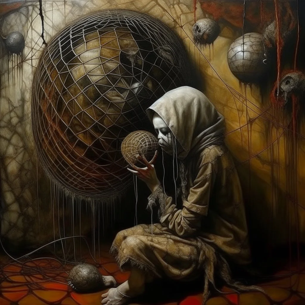 Cirrhosis grotesque overdose Shirley Jackson's lottery, abstract surrealism, by Phlegm and Dave McKean and Hieronymus Bosch, mind-bending matte oil painting; warm colors, off-centered fragmented composition, burlap sack mask dark shines overdose of grotesque, Expressionism