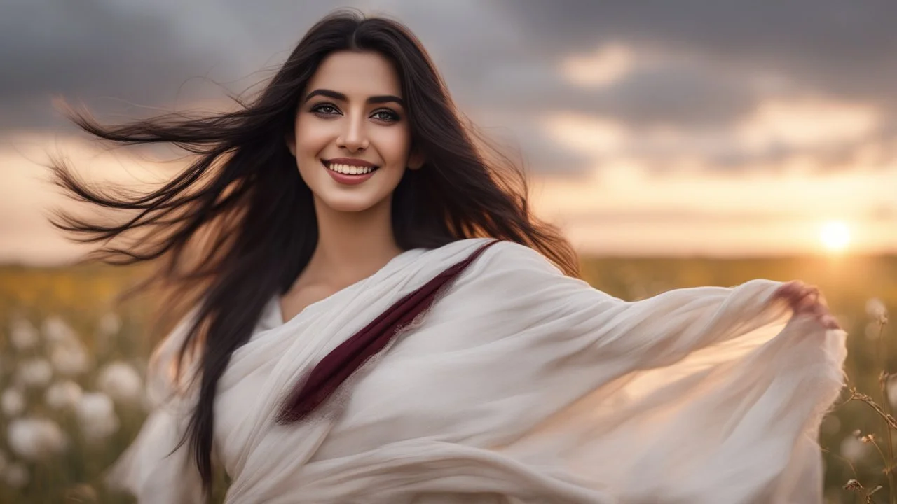 Hyper Realistic Close-up-view of a Beautiful-Young-Happy-Pashto-Woman-with-beautiful-eyes-Smiling with long-black-hair-&-white-dress-with-maroon-shawl & breeze-whirling in a cotton-field & cloudy-sunset showing dramatic & cinematic ambiance