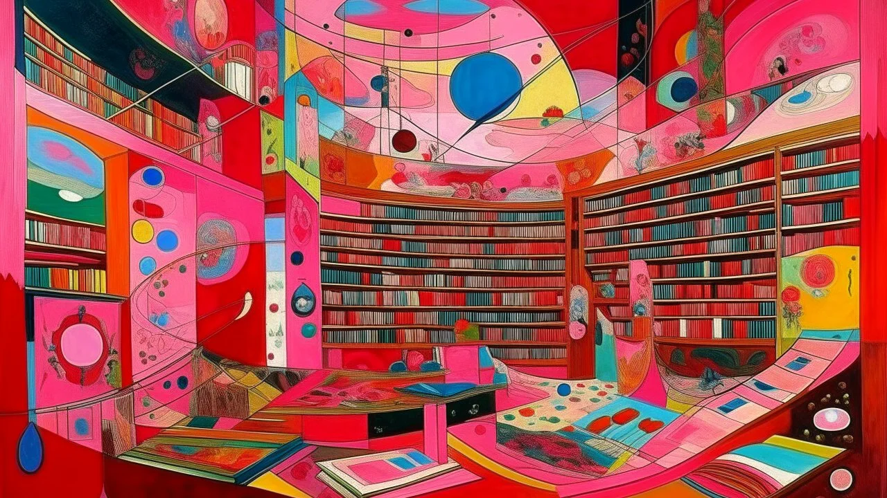 A library filled with pink magic painted by Wassily Kandinsky