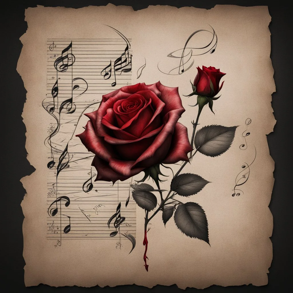 Hyper realistic sketch of a red rose & musical notes on a vintage paper on side with dark background