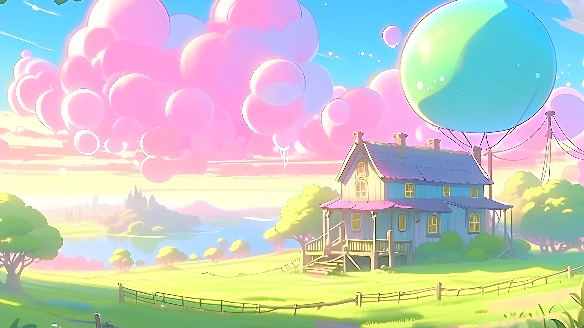 A cute and soft pastel coloured video game concept art of a little fantasy farm, farm house, fences, farm crops, islands in the sky, bubbles, fluffy trees, water, soft pastel colours, colorful hues, intriguing, peaceful and serene, good lighting, eye catching, rounded, by makoto shinkai and thatgamestudio, artstation