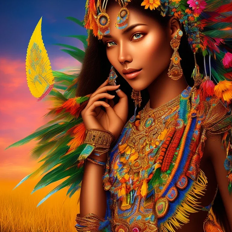 bright brazilian indigenous, beautiful portrait, flowery landscape, light