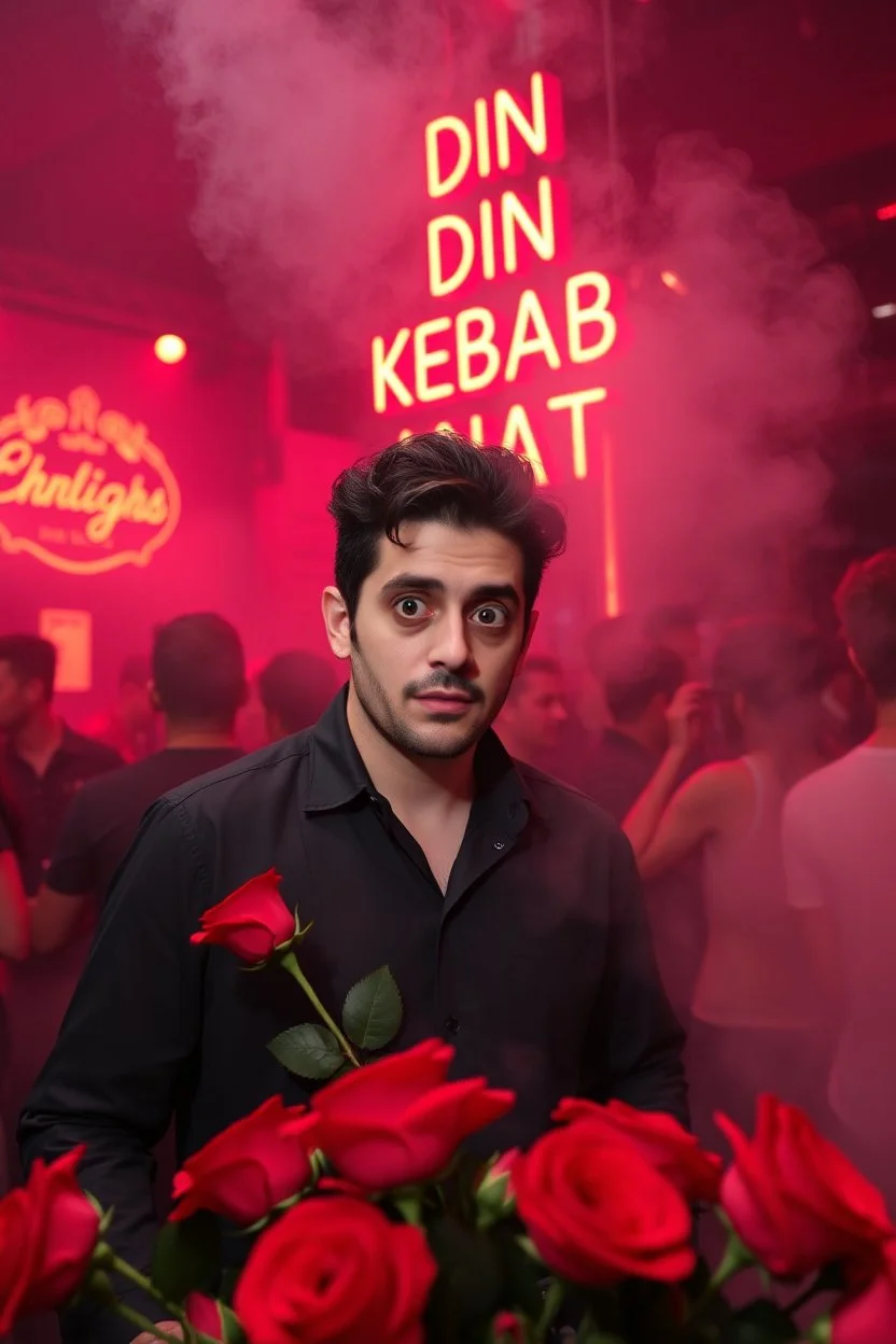 An spanish Guy with big eyes "Enrique" performing at dance club, his name is "Enrique" Red roses On stage, red Neon lights and smog, and "Din KEBAB I NATT" big sign on the wall