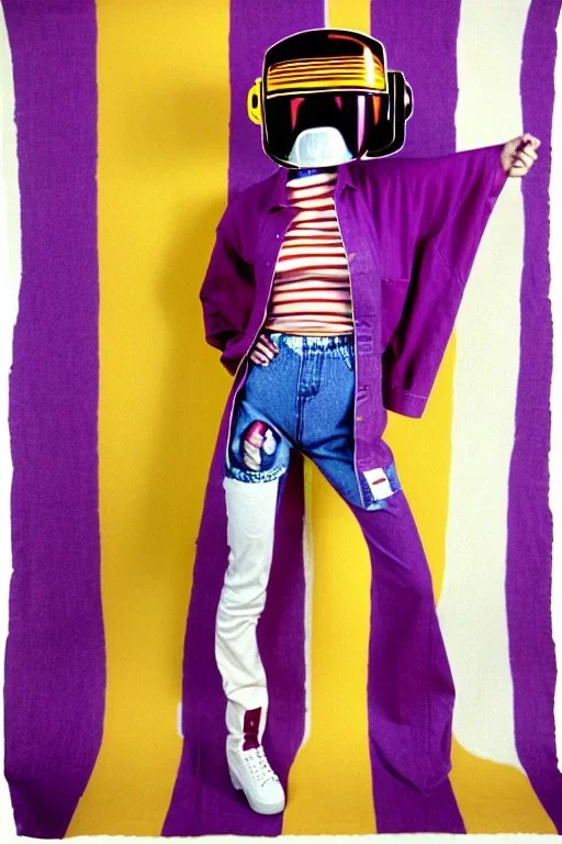 Photograph of a woman. Huge prints on denim,terracotta, cream and purple, lilac. Cream colored latex parts. imperial yellow, red plum mixed stripes, only on top half of t-shirt. Plant print.European daft punk woman. Baggy, low waist jeans, 1996! Mantle is sewed of recycled Denim and sewed together of recycled polymer felt. lace, Yellow(Munsell) areas. hint of orange as effect color!!Big bright purple/khaki felt tippet and cream or blue or lilac colored-hood. mantle is merged with cobalt boler