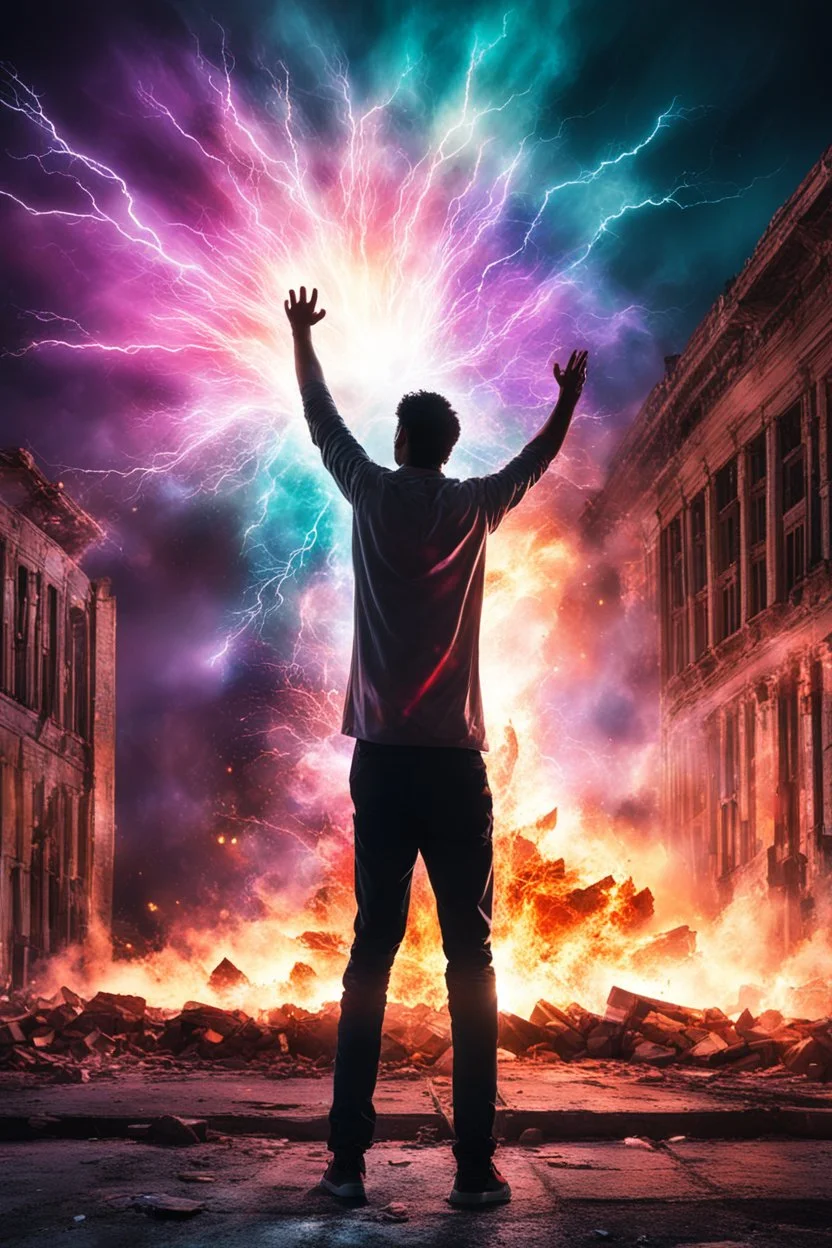 Young man standing, with arms raised, in front of a building that is exploding at night, with coloured auras and lightning around him