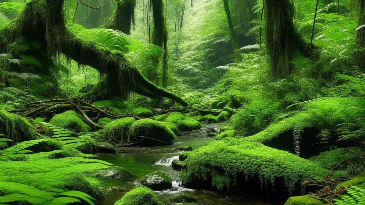 A lush, dense rainforest with tall trees, thick foliage, and a small stream flowing through the mossy rocks and fallen branches in the foreground