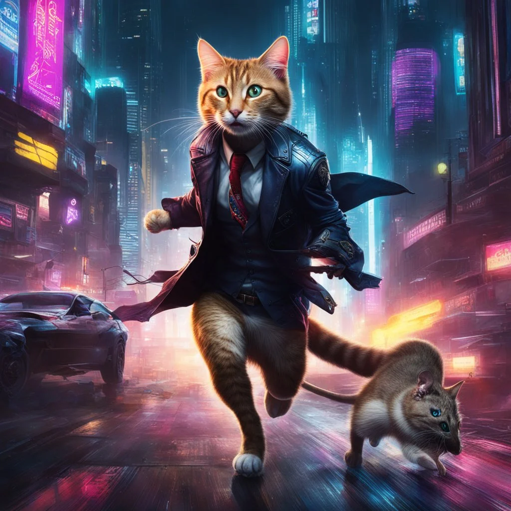 Gato cyberpunk persiguiendo tres ratas vestidas con corbata