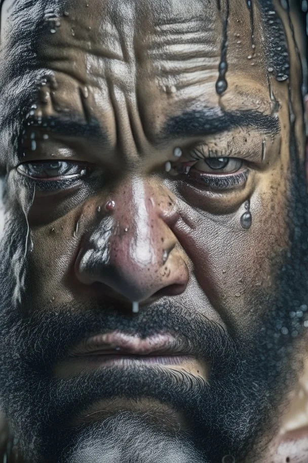 close up 48 years old nigerian carpenter man hands behind the head , in an abandoned warehouse, serious, bearded burly chubby , serious eyes, under the shower, wet, dripping water, manly torso, photorealistic, 50mm photo, ambient occlusion , side view from the ground