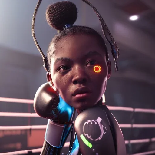 Cyberpunk robot black girl, boxing in the ring, unreal engine 5, octane render,cinema4d, dynamic lighting, 8k, redshift render, highly, hyperrealism ultra detailed, hyper realistic.