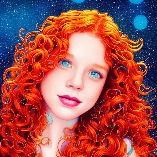 teen Robyn Lively, her striking perfectly detailed clear eyes, her perfect, precisely detailed lightly freckled face, meticulously detailed long curly multi-hued ginger carrot cherry fire red hair, luminous colorful sparkles; by james r. eads, gawki, rajewel, tania rivilis, dan mumford, lisa frank, artgerm, greg rutkowski, alphonse mucha and william-adolphe bouguereau; glitter, airbrush, octane render, volumetric lighting, 16k, photorealistic digital painting, artstation, smooth, sharp focus